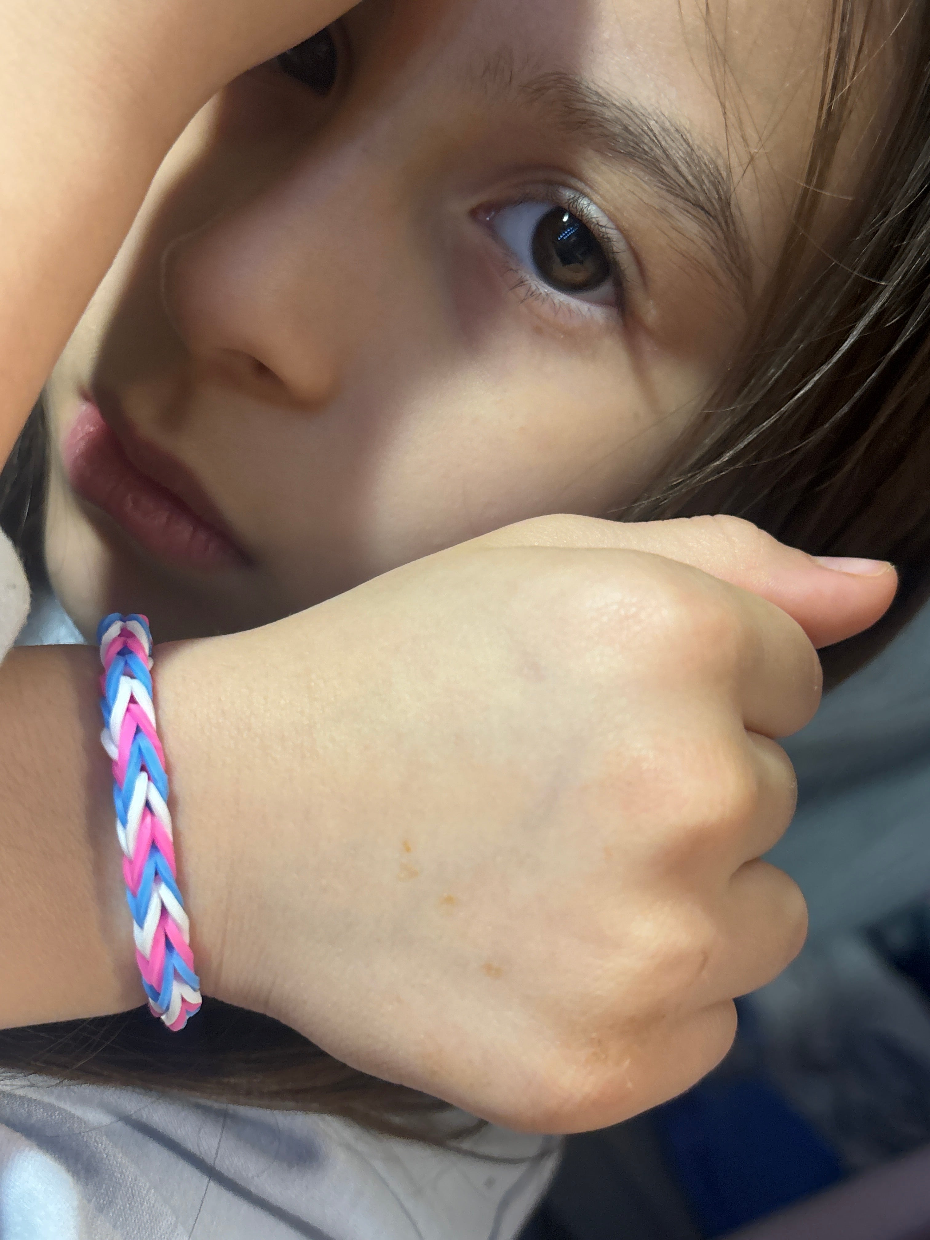 Blue ,white  pink loom bracelet